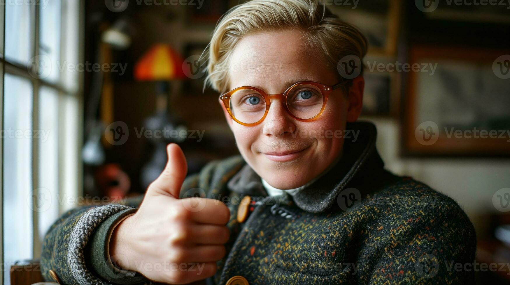 AI generated Young man with glasses showing thumbs up. Generative AI photo