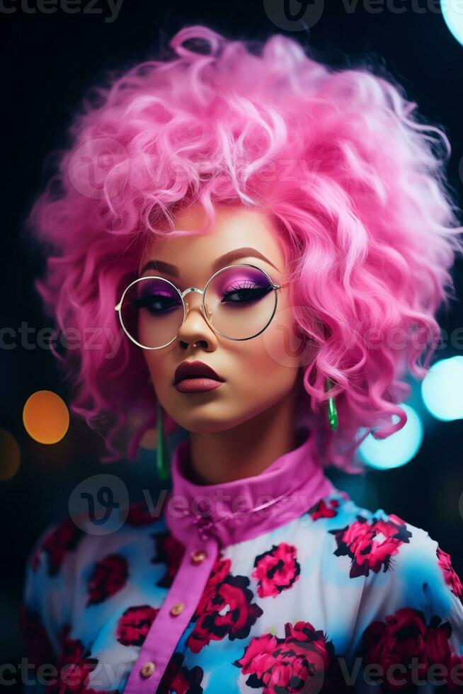 AI generated A woman with pink hair and glasses, exuding a unique style and personality. Generative AI photo