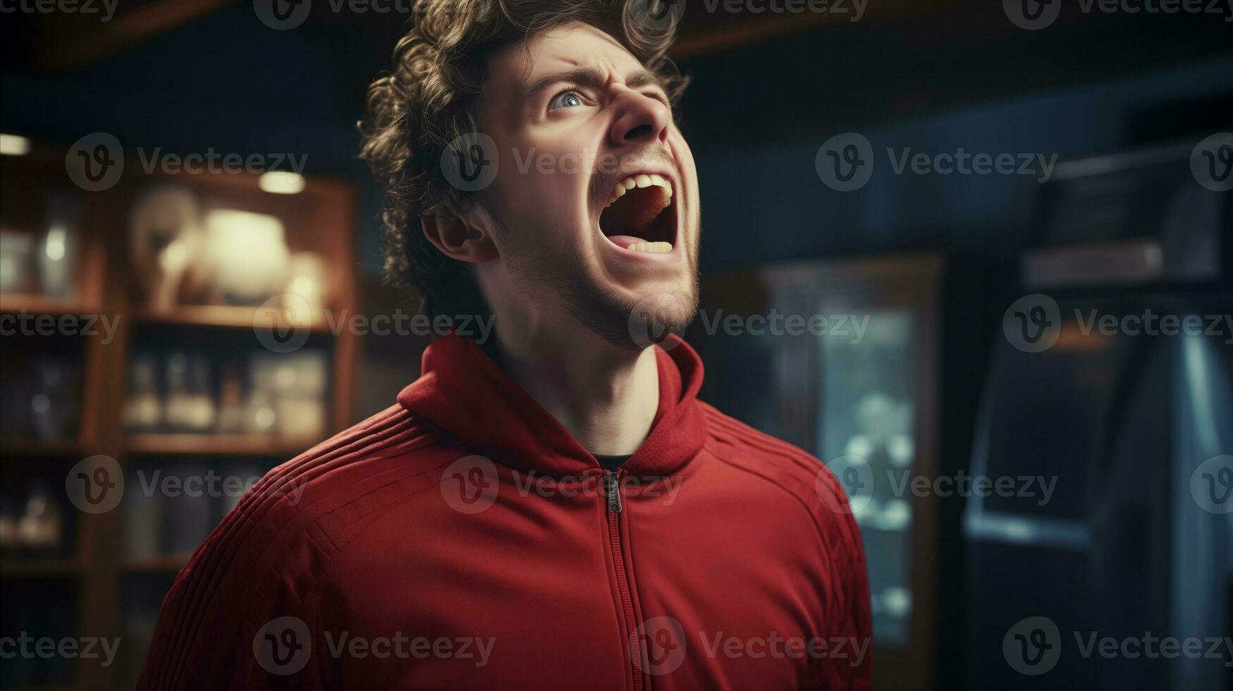 AI generated A man in a red jacket screaming in anguish, expressing intense emotions and possibly experiencing distress. Generative AI photo
