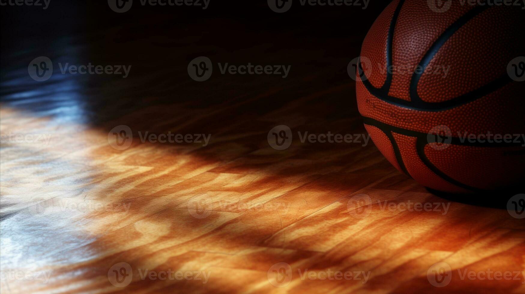 AI generated A basketball on a wooden floor illuminated by a spotlight, creating a dramatic and focused atmosphere. Generative AI photo