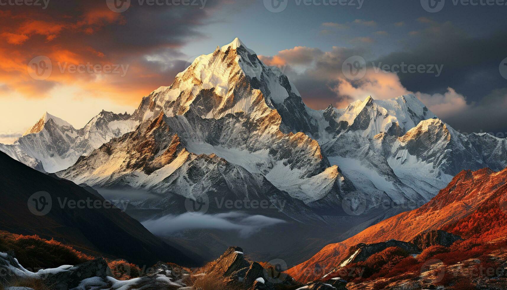 AI generated Majestic mountain peak, snow capped, bathed in golden sunlight generated by AI photo