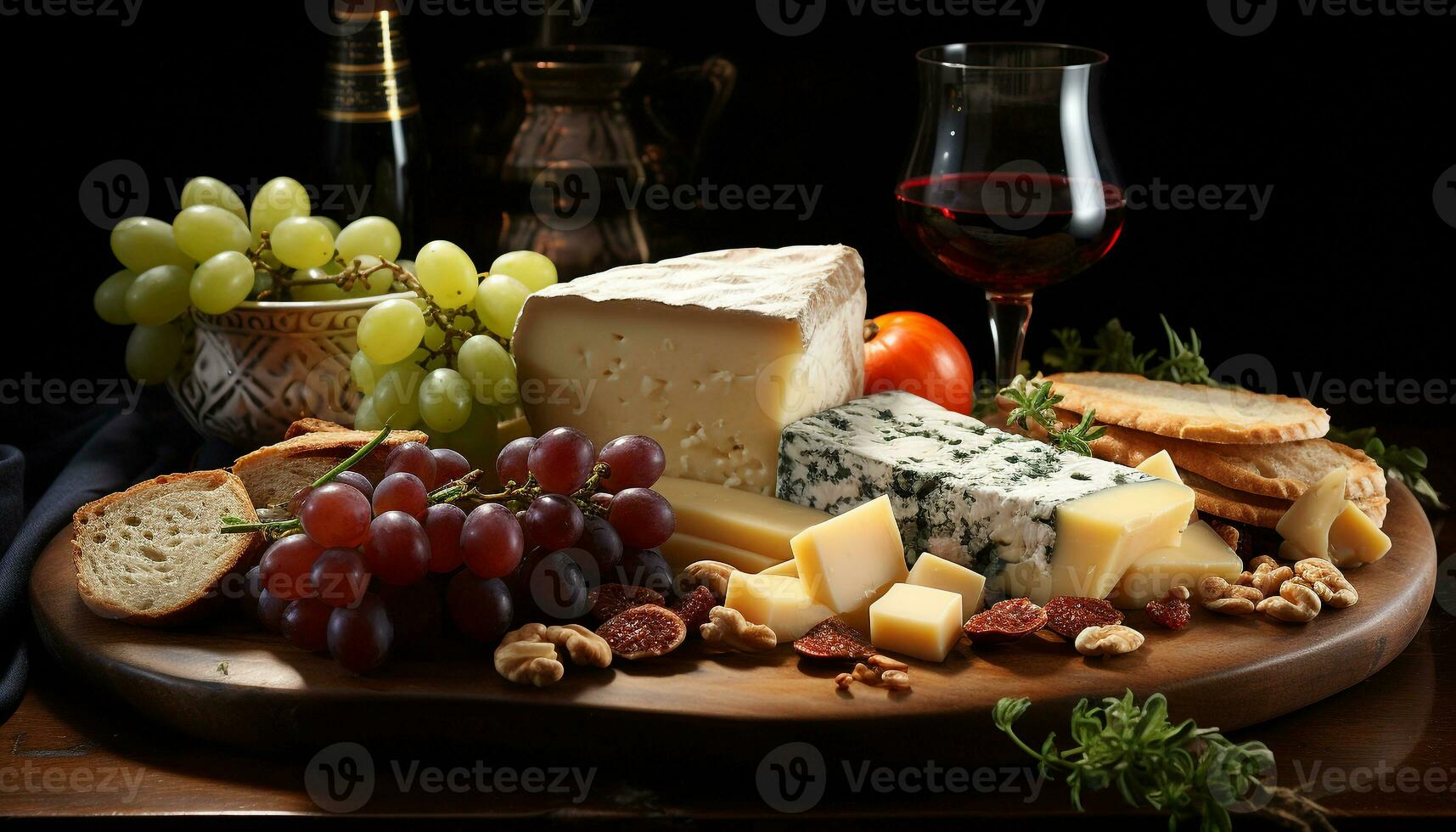 AI generated A gourmet meal bread, cheese, wine, fruit, and meat generated by AI photo