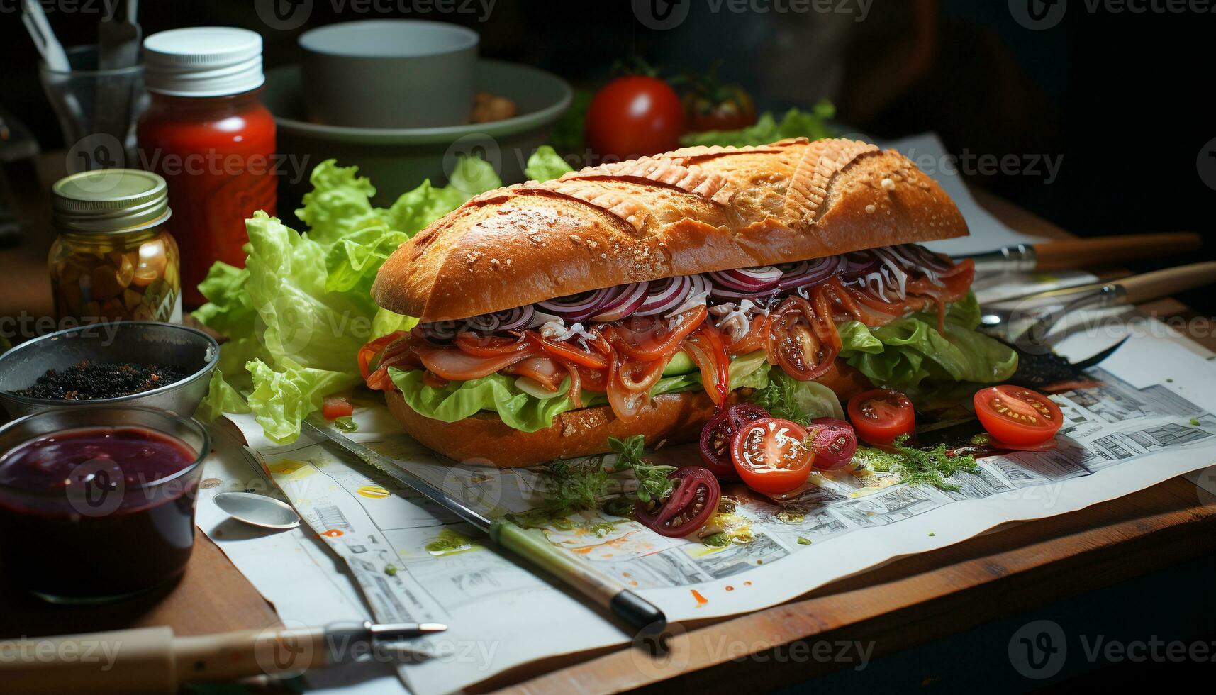 ai generado A la parrilla carne de vaca emparedado con Fresco tomate en ciabatta un pan generado por ai foto