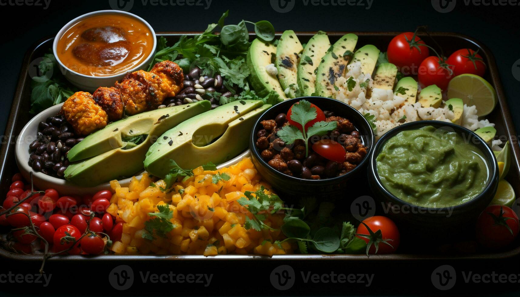 AI generated Fresh gourmet salad with grilled meat and avocado dip generated by AI photo