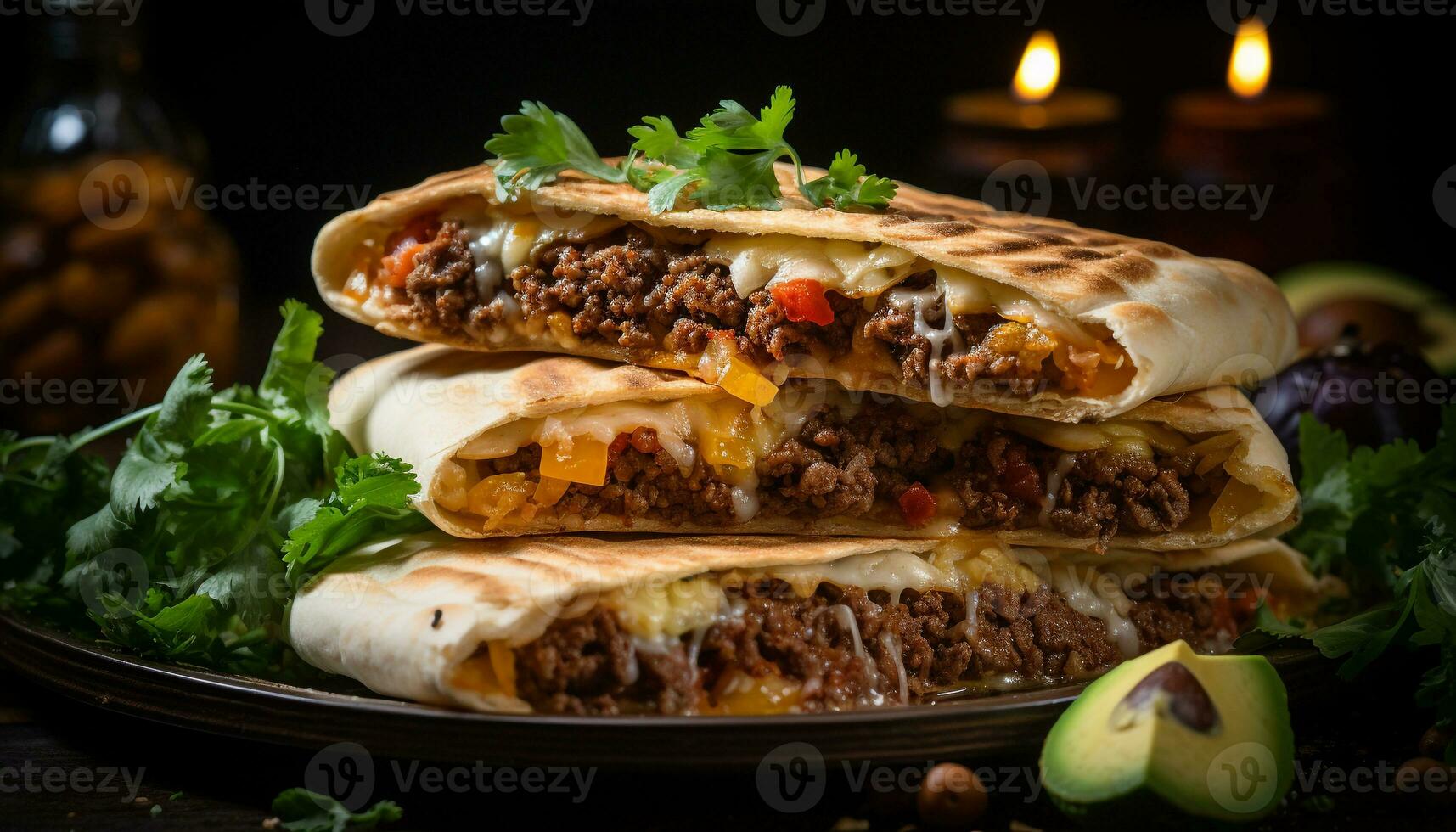 AI generated Grilled beef taco with fresh tomato and homemade guacamole generated by AI photo