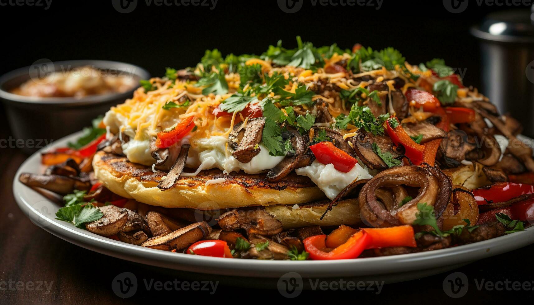 AI generated Grilled beef taco with fresh vegetables, homemade guacamole, and salsa generated by AI photo