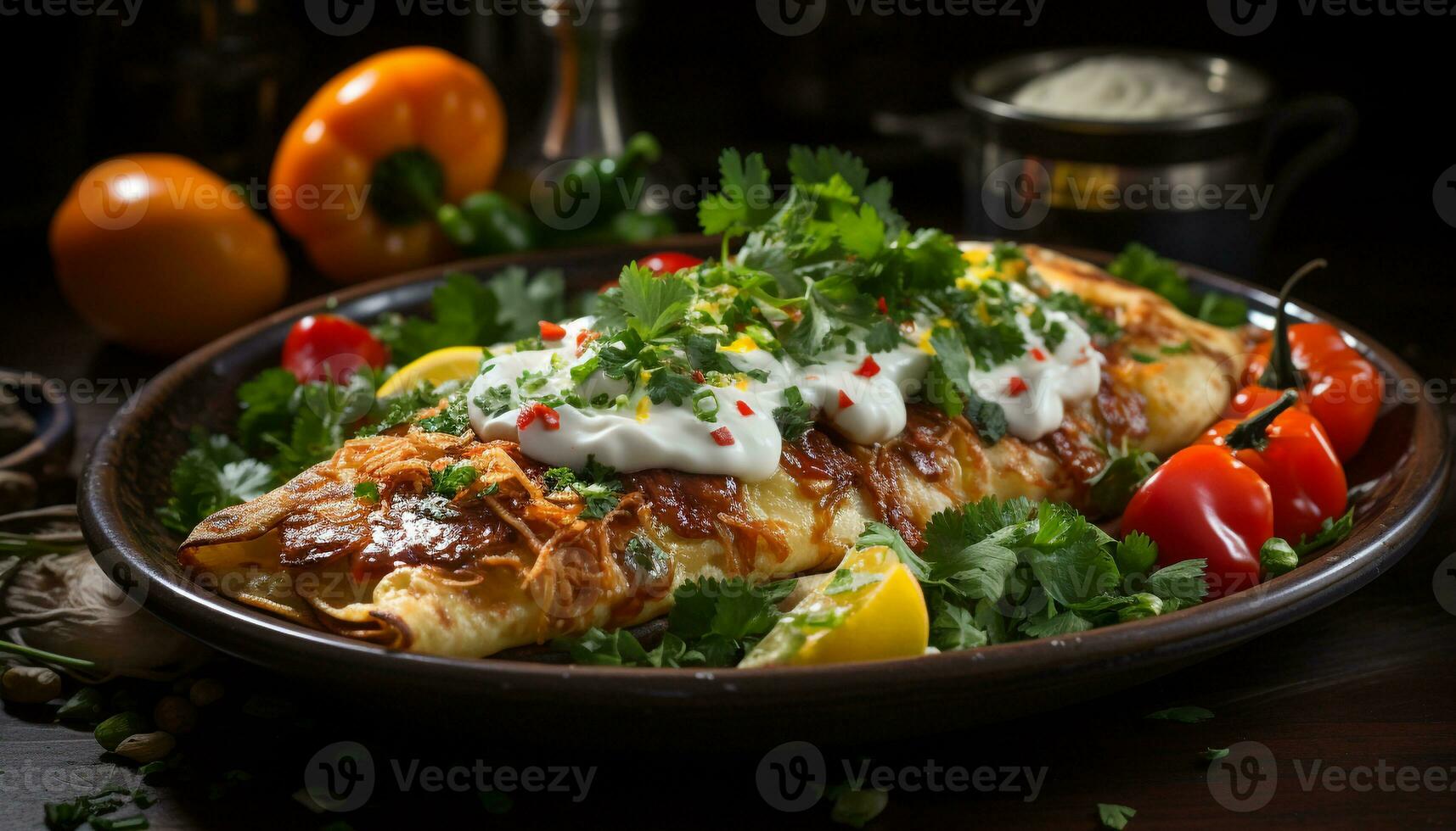 AI generated Grilled meat and vegetables on a rustic homemade plate generated by AI photo