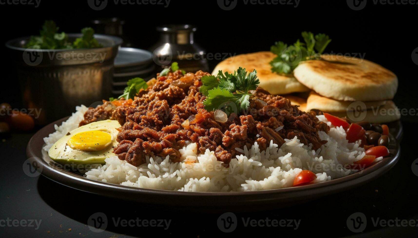 AI generated Healthy vegetarian meal with fresh vegetables, rice, and homemade sauce generated by AI photo