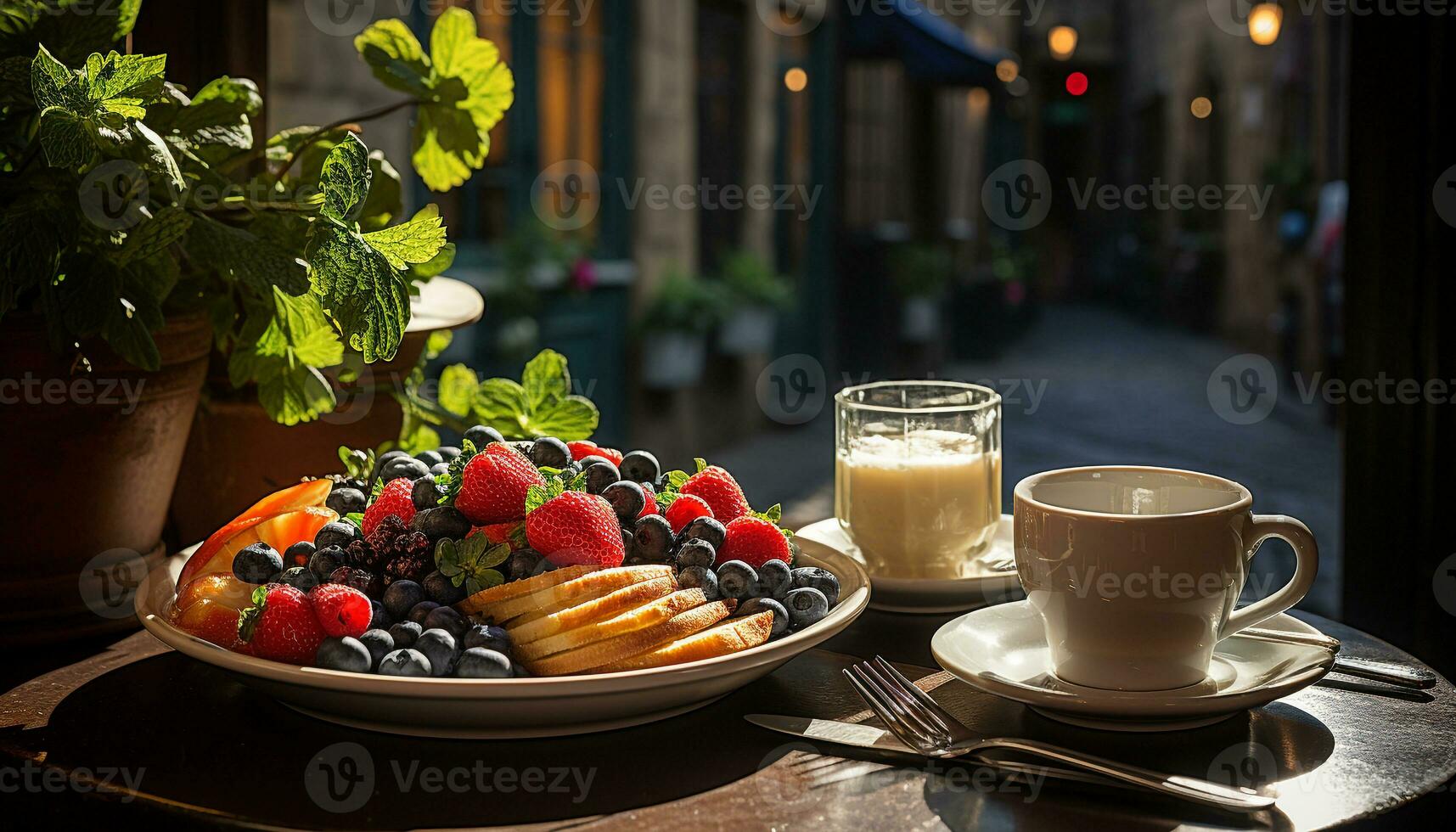 AI generated Freshness on a wooden table gourmet dessert, healthy eating generated by AI photo