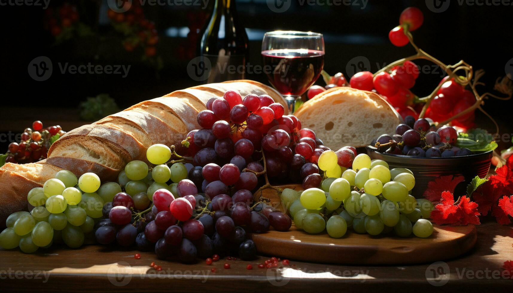 AI generated Fresh grape bunches on wooden table, perfect for wine making generated by AI photo