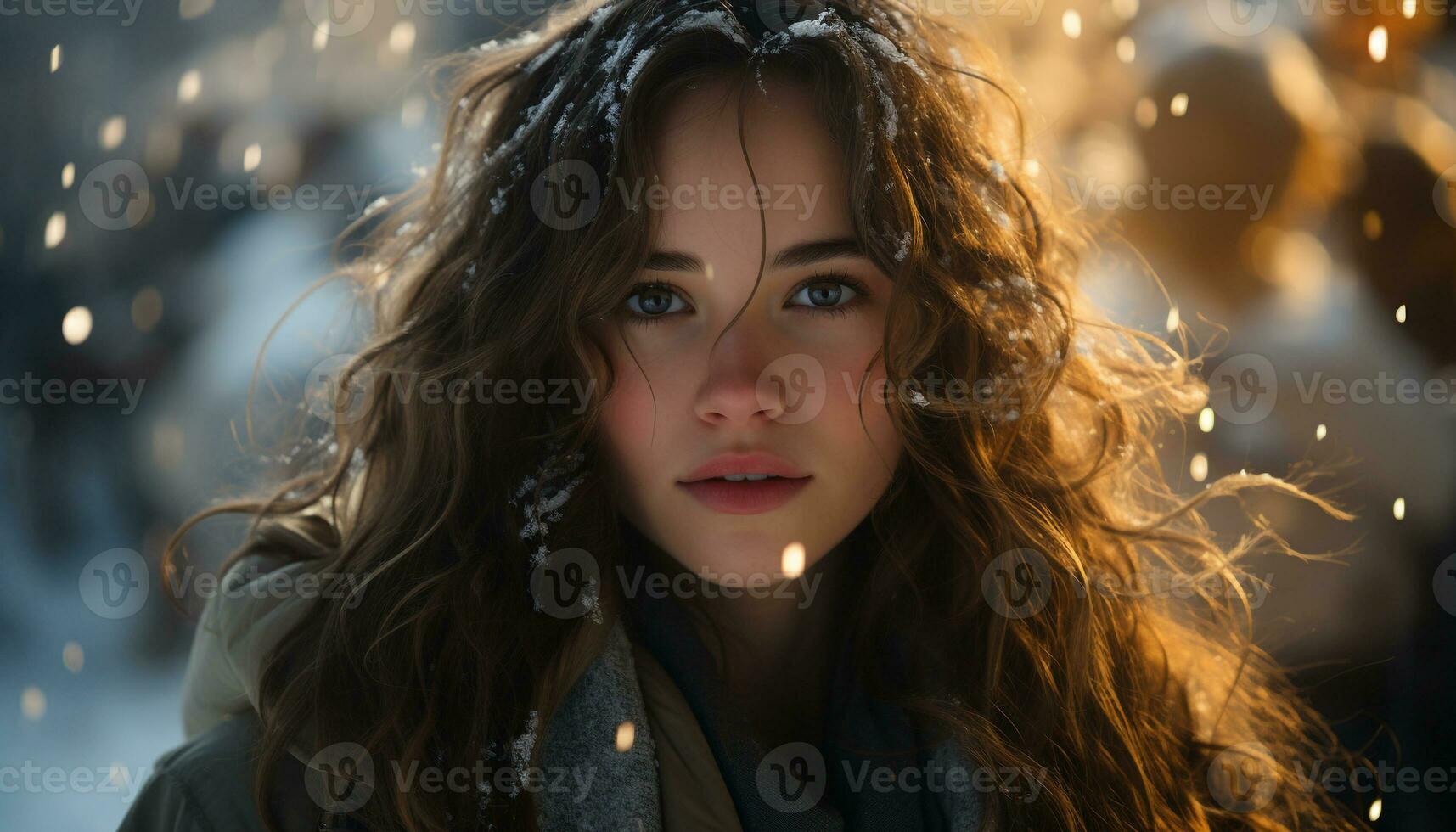 AI generated Smiling young woman enjoying winter nature, looking at camera generated by AI photo