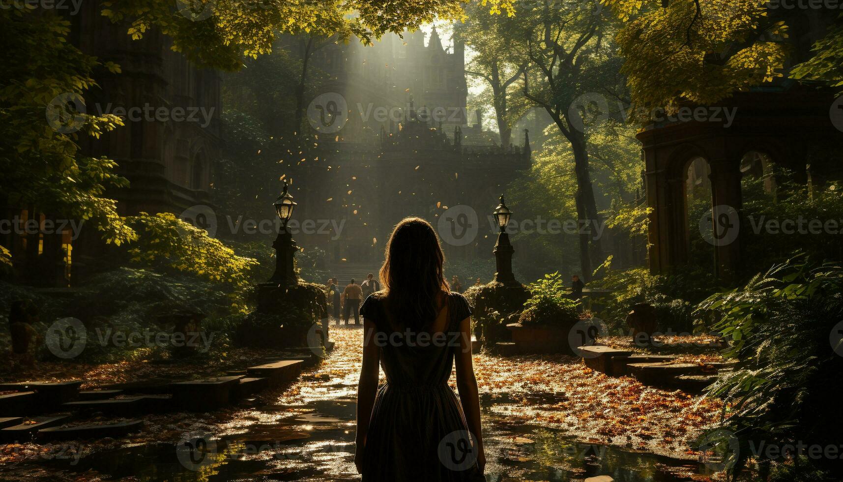 AI generated A young woman walks alone in the autumn forest generated by AI photo