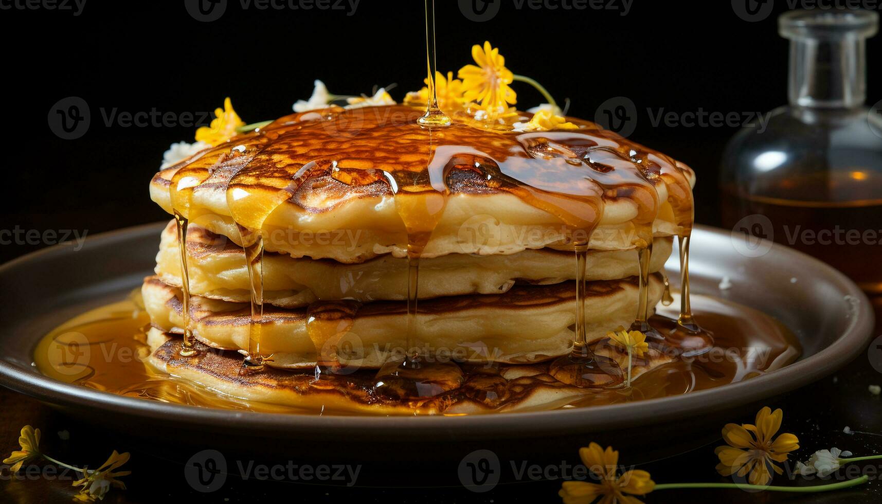 AI generated Homemade pancake stack with fresh fruit and sweet syrup generated by AI photo