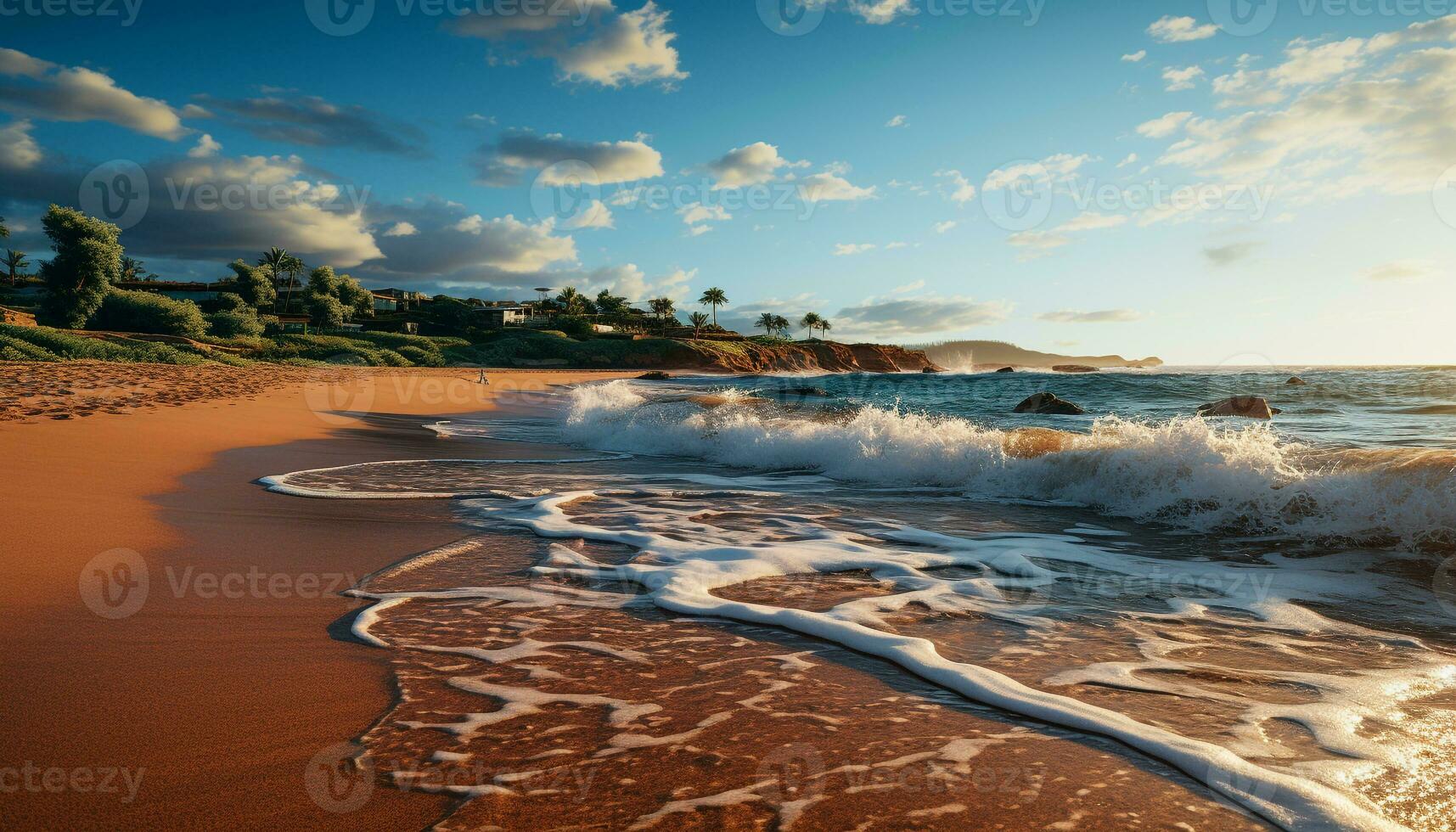 AI generated Sunset over the tranquil coastline, waves reflecting the beauty of nature generated by AI photo