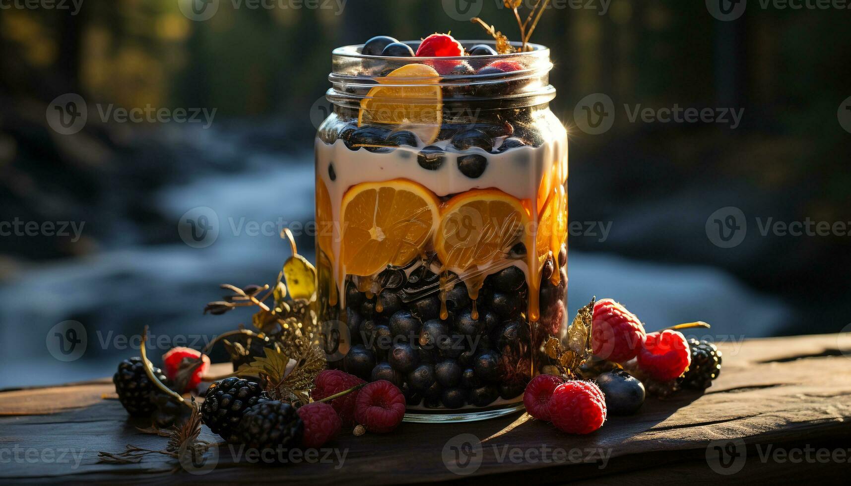 AI generated Fresh berry cocktail on rustic wooden table in nature generated by AI photo