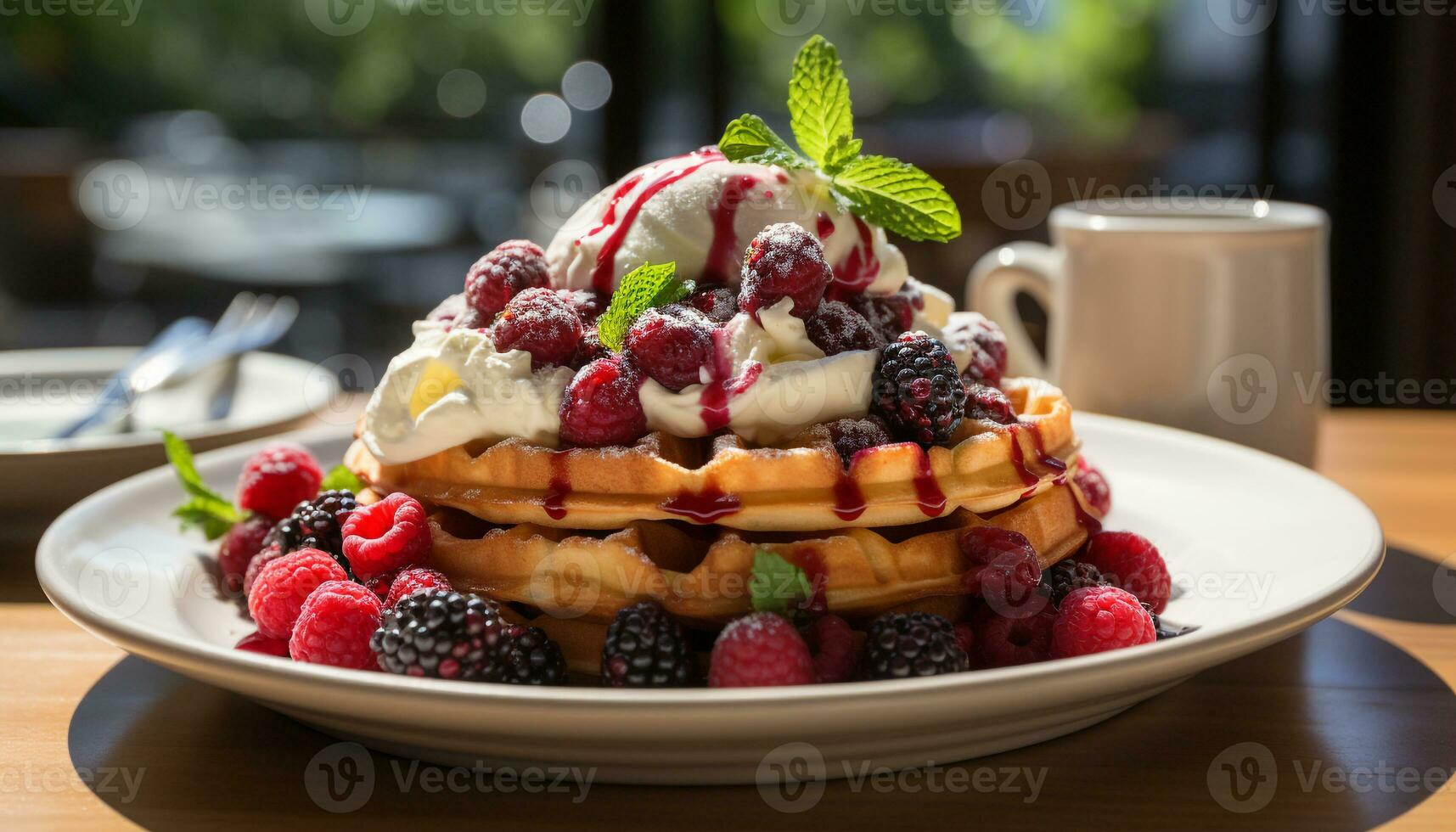 AI generated Fresh fruit dessert on wooden plate with mint leaf garnish generated by AI photo