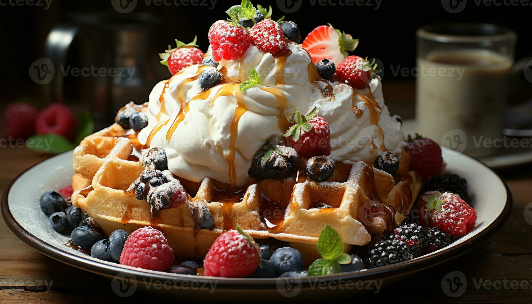 AI generated Fresh berry dessert on wooden plate with whipped cream generated by AI photo