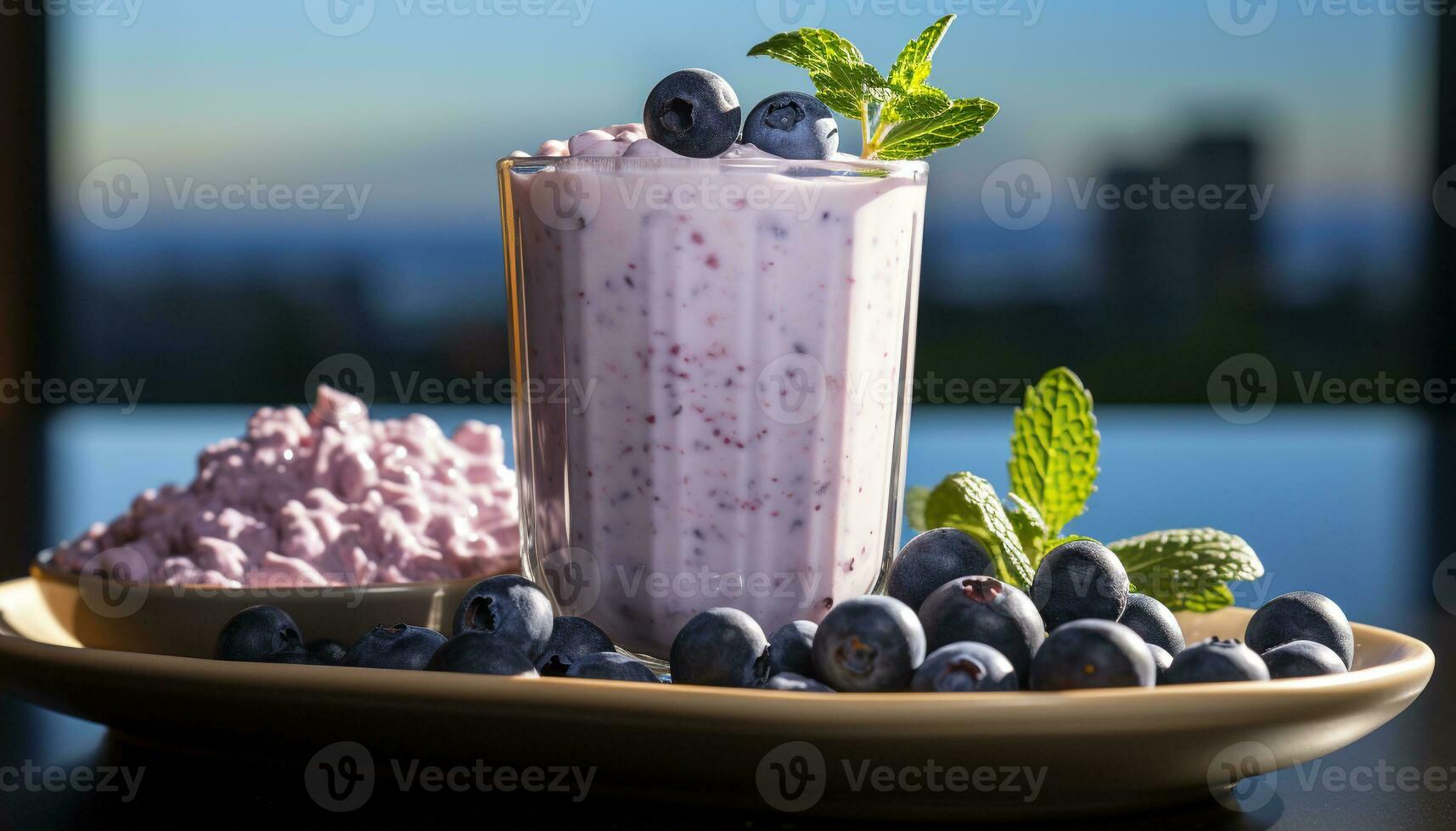 AI generated Healthy eating blueberry yogurt with fresh raspberry and mint leaf generated by AI photo