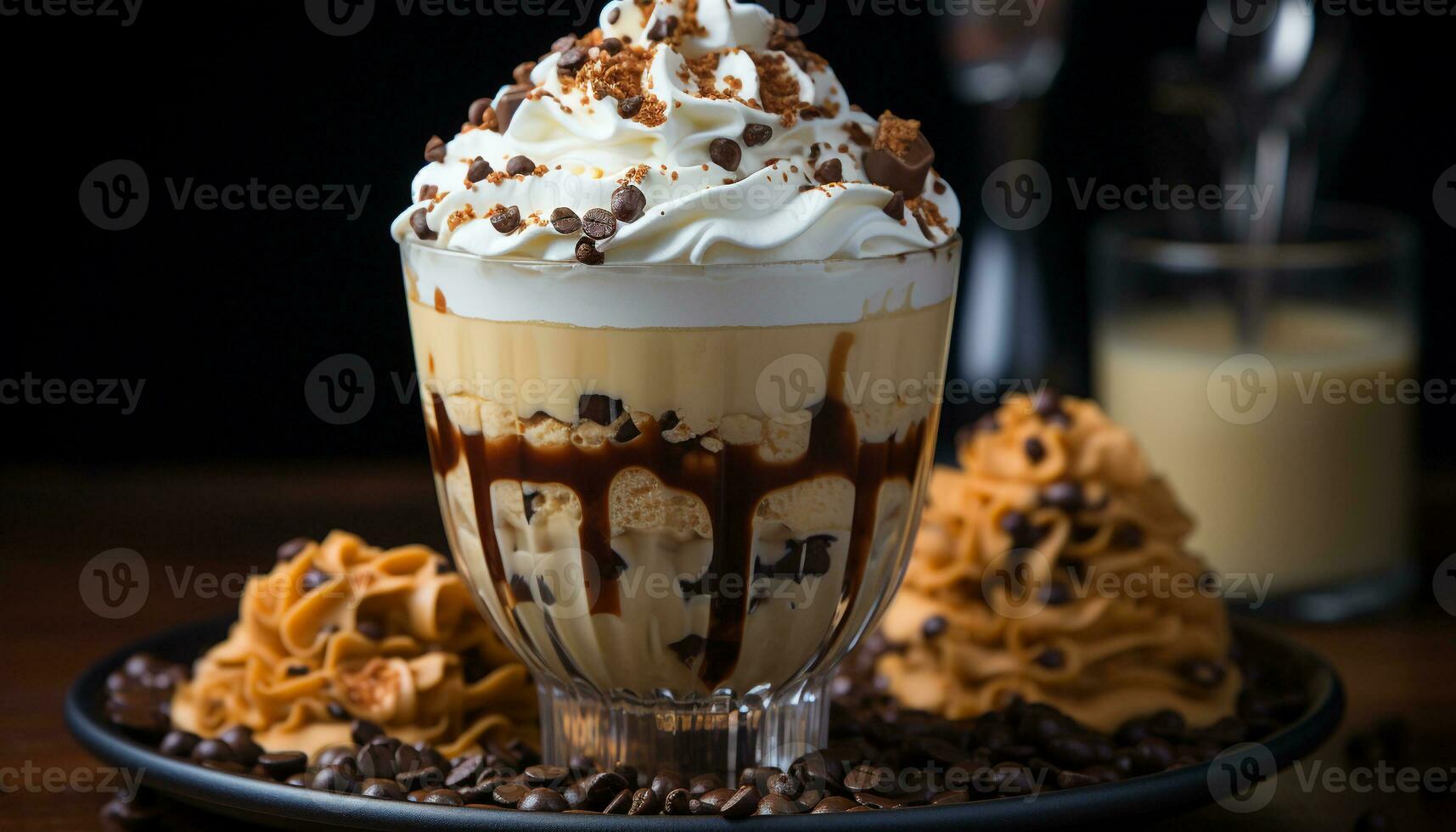 AI generated Indulgent dessert chocolate ice cream with whipped cream and caramel generated by AI photo