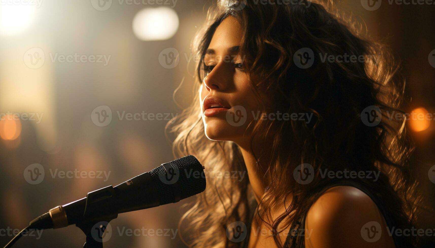 AI generated Young woman singer performing on stage with microphone and spotlight generated by AI photo