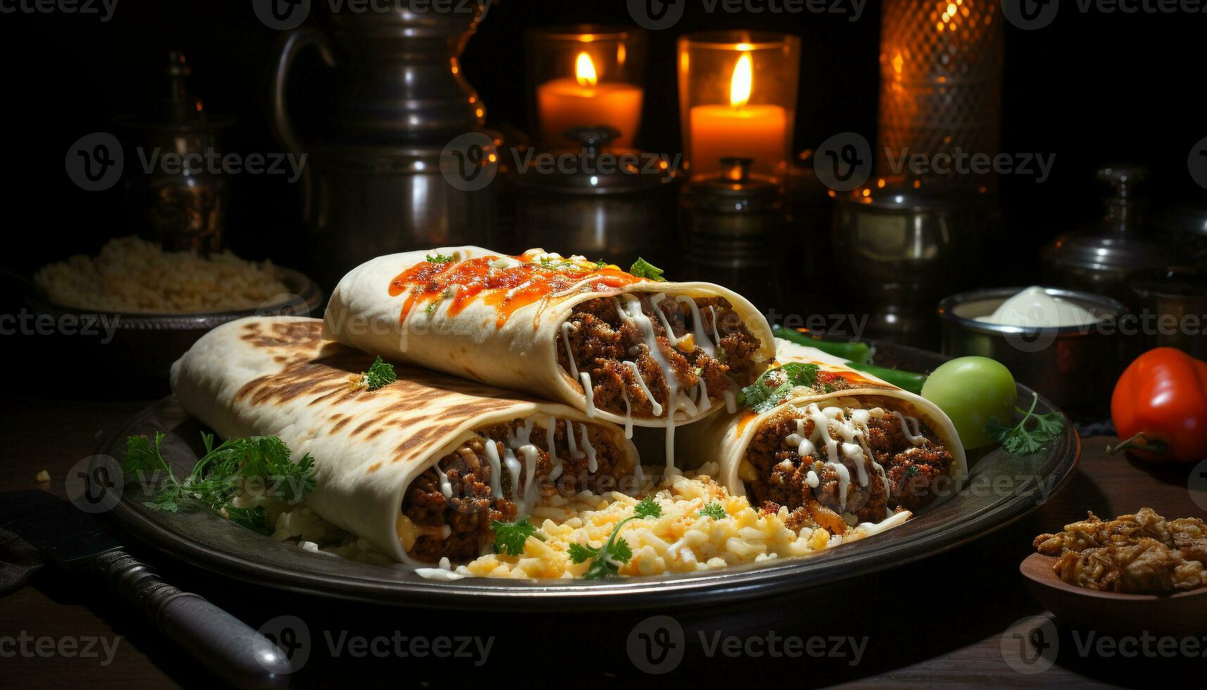 AI generated Gourmet Mexican meal grilled beef taco with fresh vegetables generated by AI photo