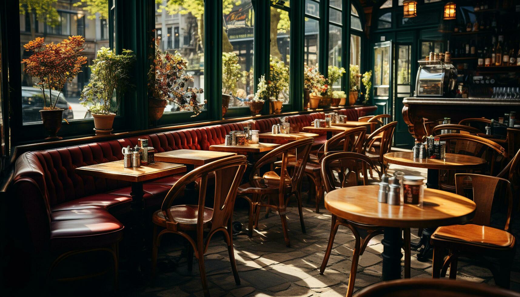 AI generated Cozy wood table in modern coffee shop with rustic charm generated by AI photo