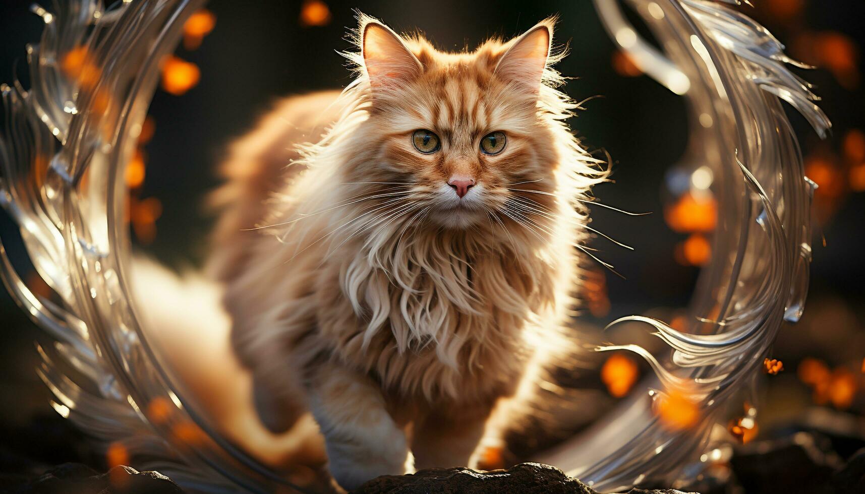 AI generated Cute kitten sitting on tree, looking at camera, playful generated by AI photo