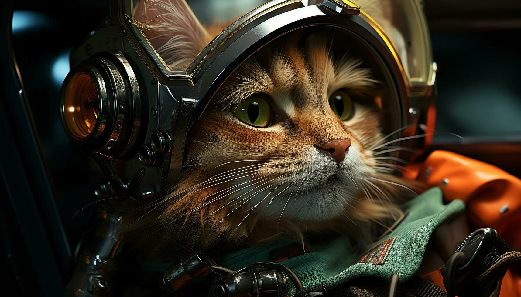 AI generated Cute kitten looking at camera, wearing headphones, playing with robot generated by AI photo