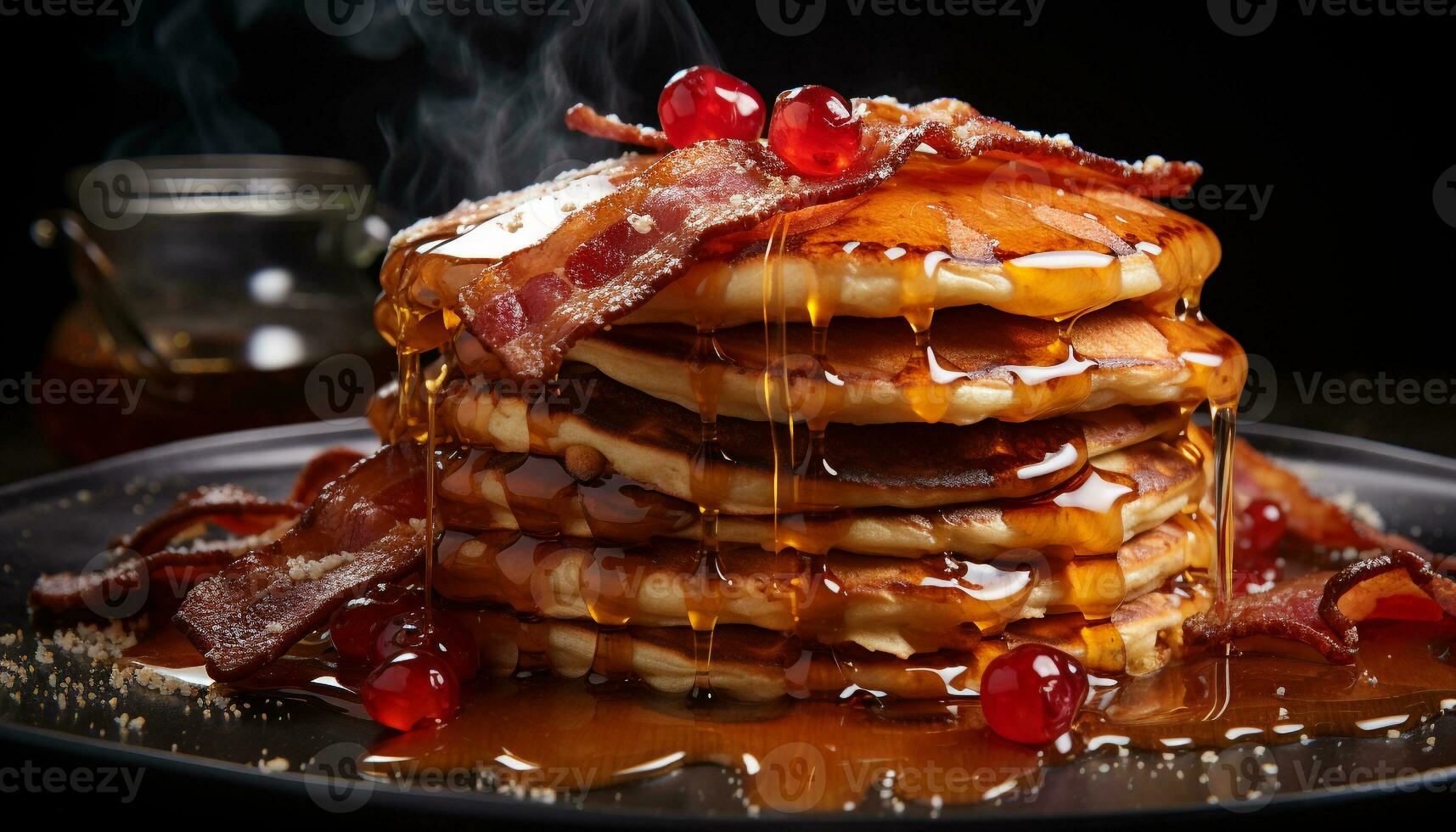 AI generated Freshly cooked pancakes stacked high with sweet chocolate syrup and berries generated by AI photo