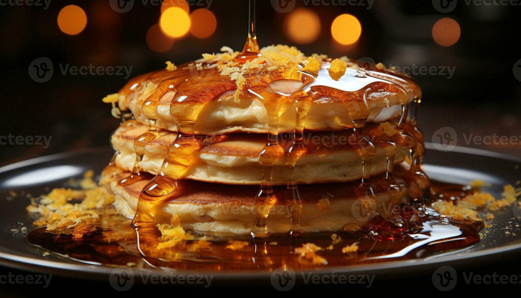AI generated Stack of homemade pancakes with syrup and melted butter generated by AI photo