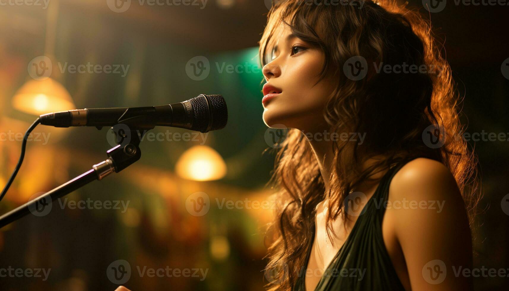 AI generated Young woman singer performing on stage, captivating the audience generated by AI photo