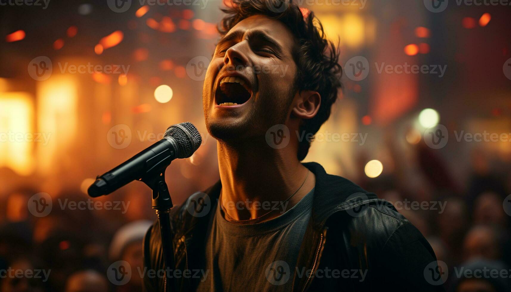 AI generated Young adult singer performing rock music on stage with microphone generated by AI photo