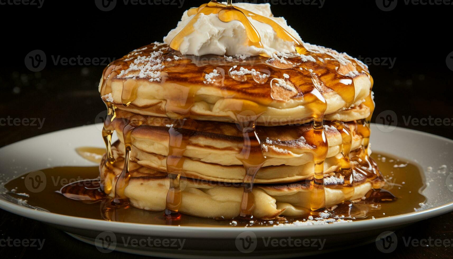 AI generated Stack of homemade pancakes with syrup and fresh fruit generated by AI photo