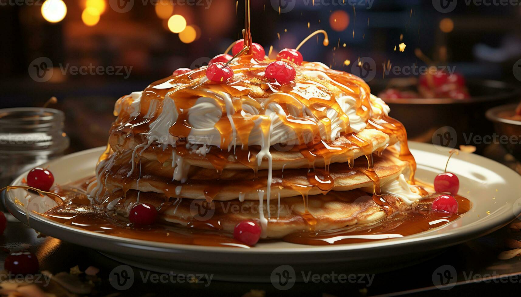 AI generated A stack of sweet pancakes with fresh fruit and syrup generated by AI photo