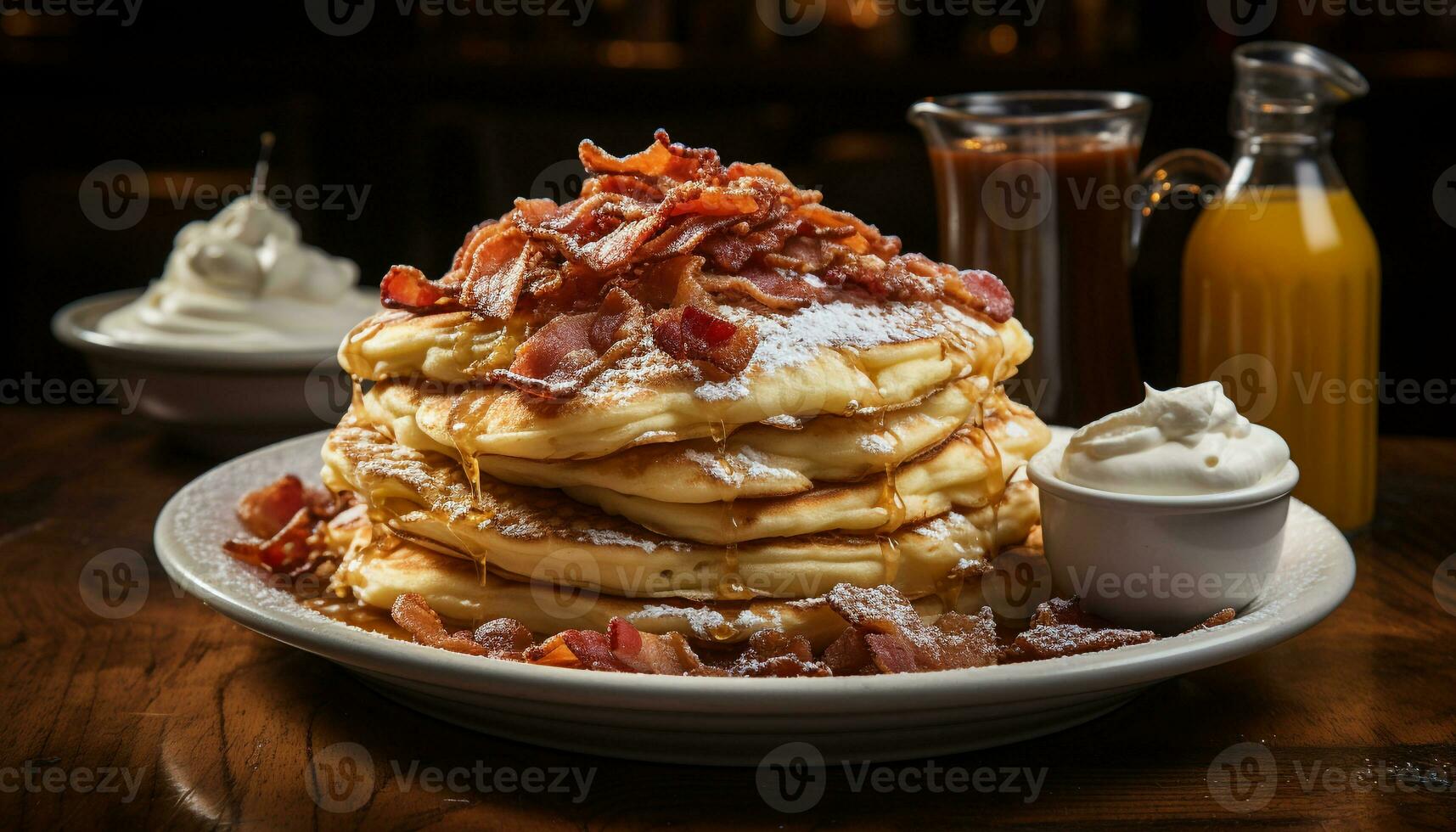 AI generated Freshly cooked pancakes stacked on a wooden plate, drizzled with syrup generated by AI photo