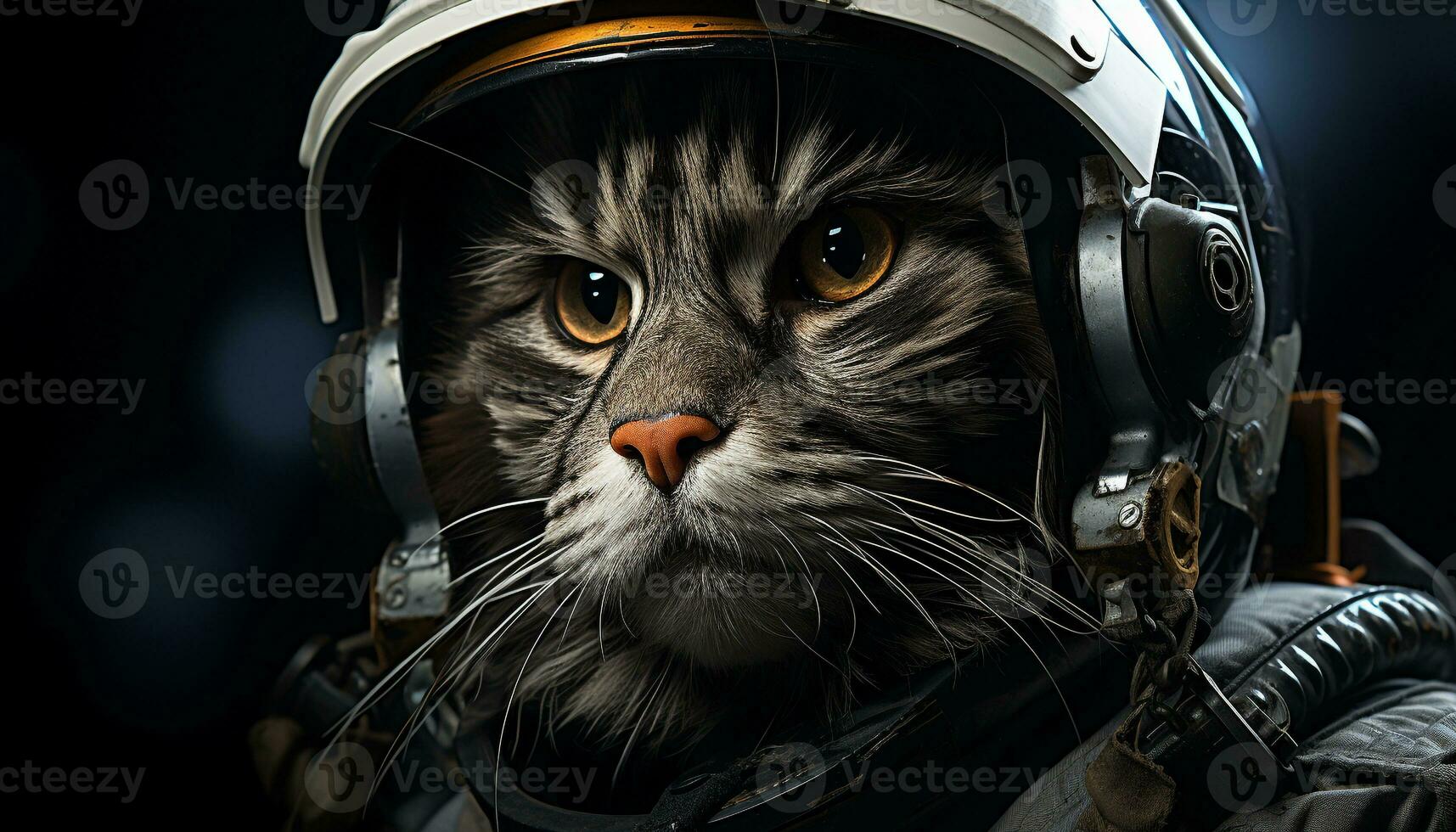 AI generated Cute cat wearing headphones looks at camera, ready for adventure generated by AI photo