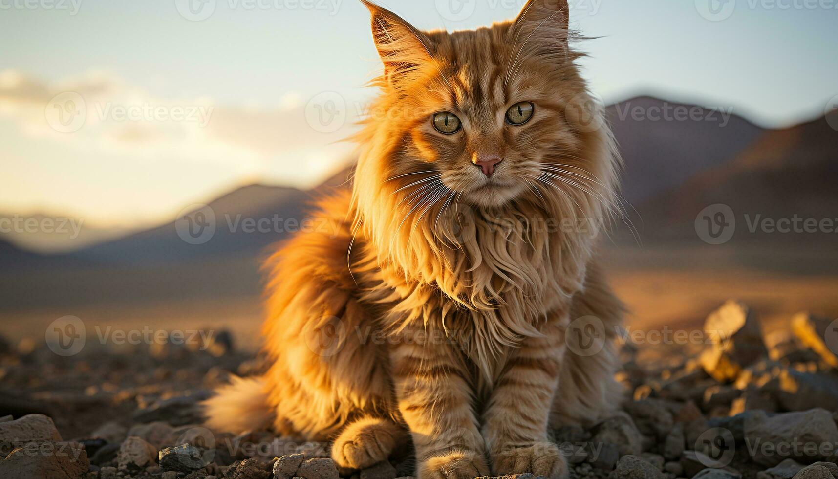 AI generated Cute kitten sitting outdoors, staring at sunset, fluffy fur generated by AI photo