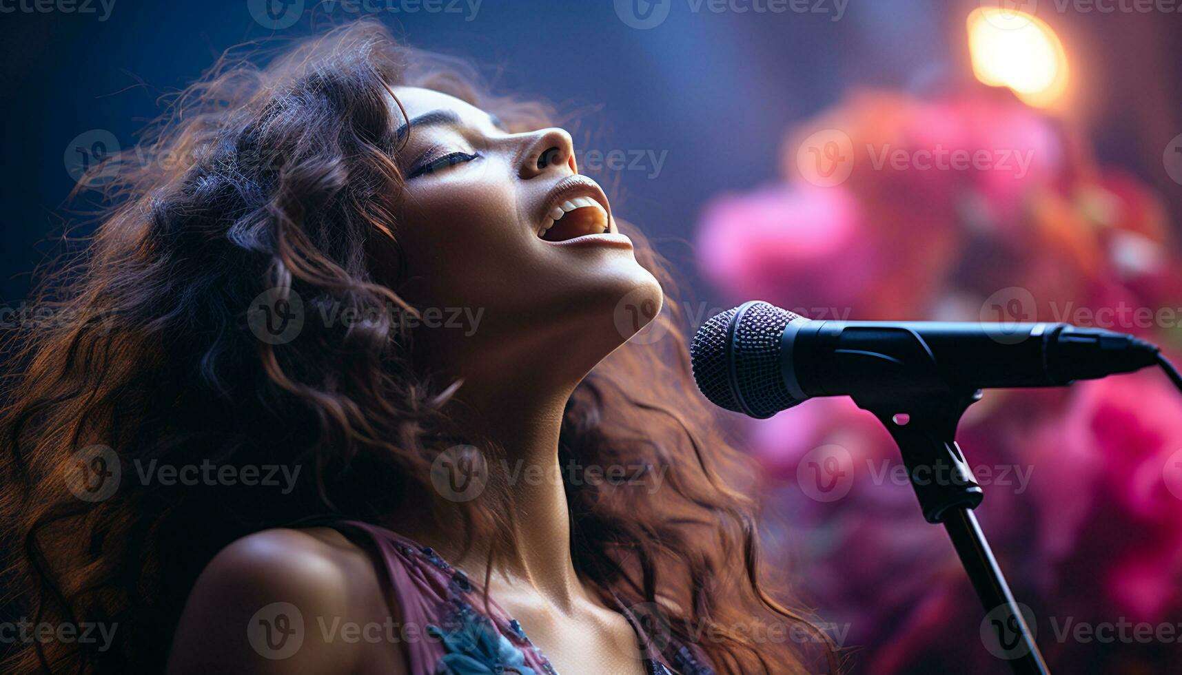 AI generated Young woman singing on stage, captivating the audience with joy generated by AI photo