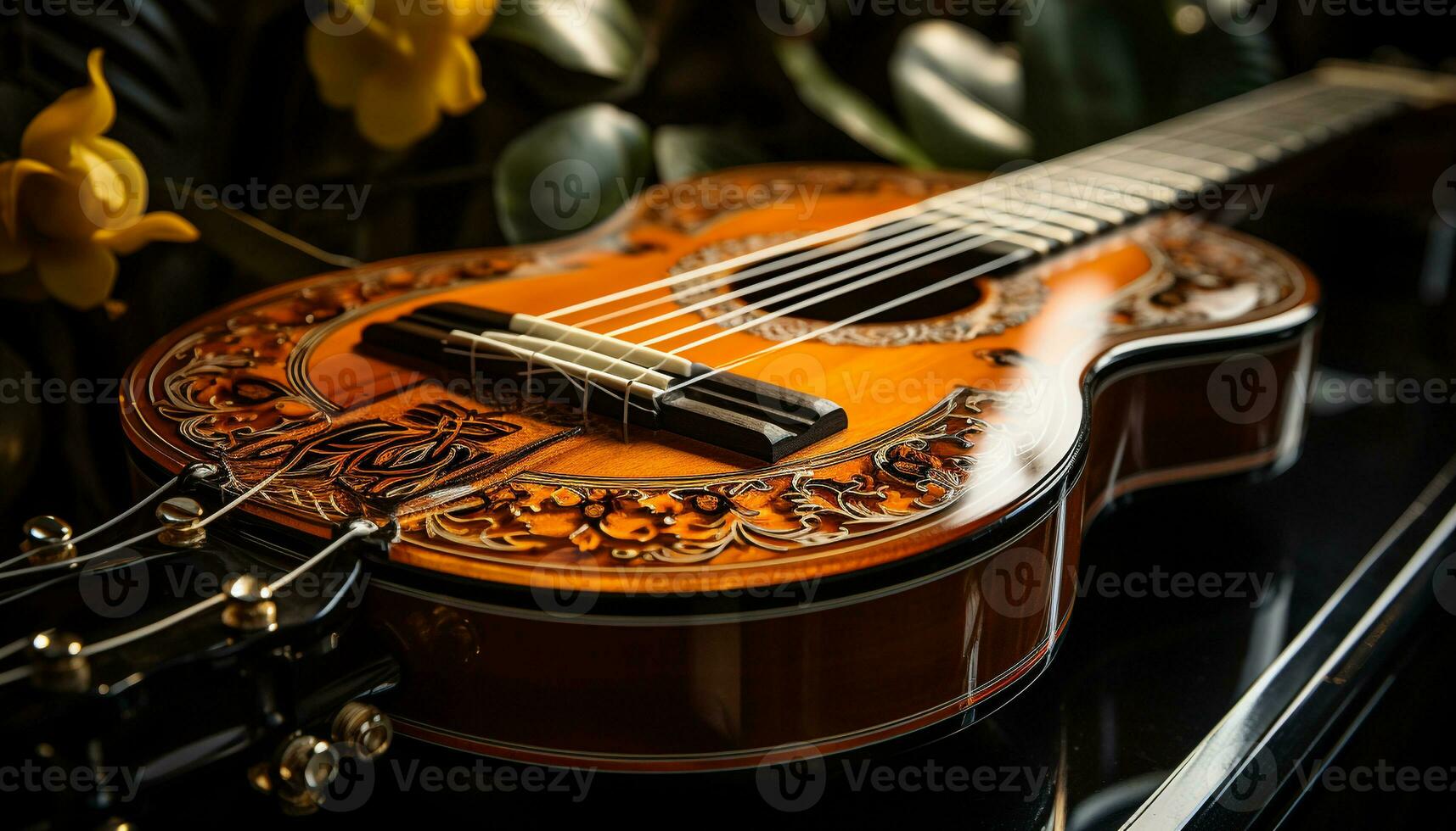 AI generated Musician playing acoustic guitar on wooden stage with classical style generated by AI photo