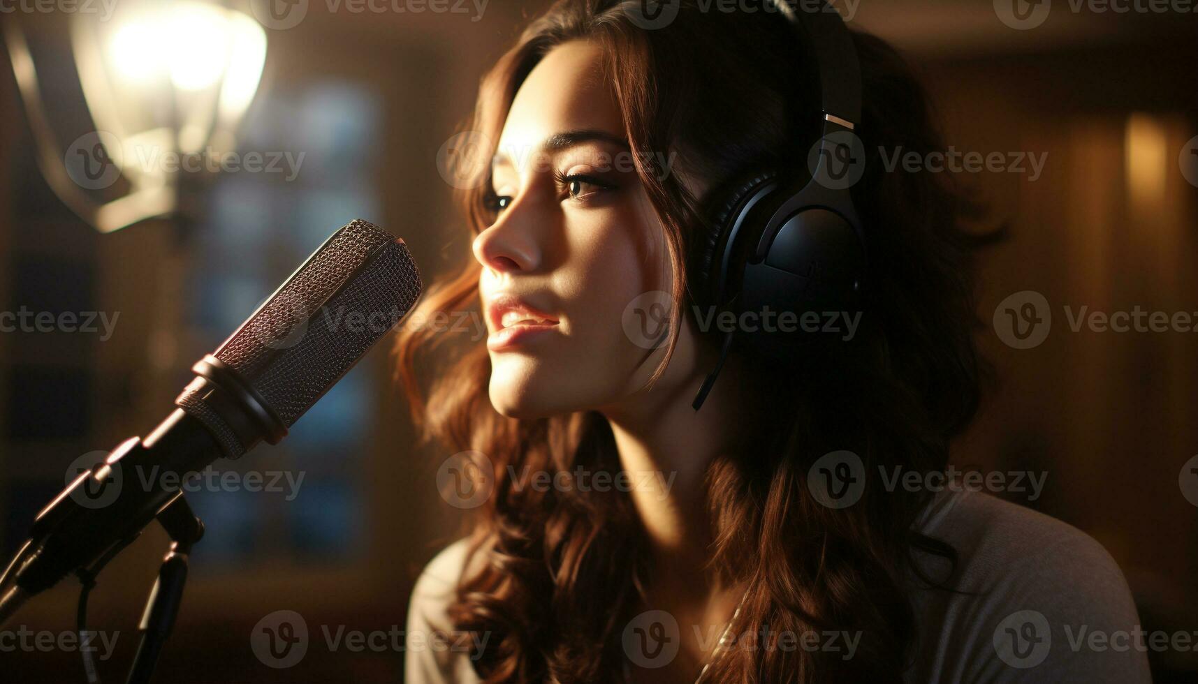 ai generado joven mujer canto en escenario, iluminado por Club nocturno luces generado por ai foto