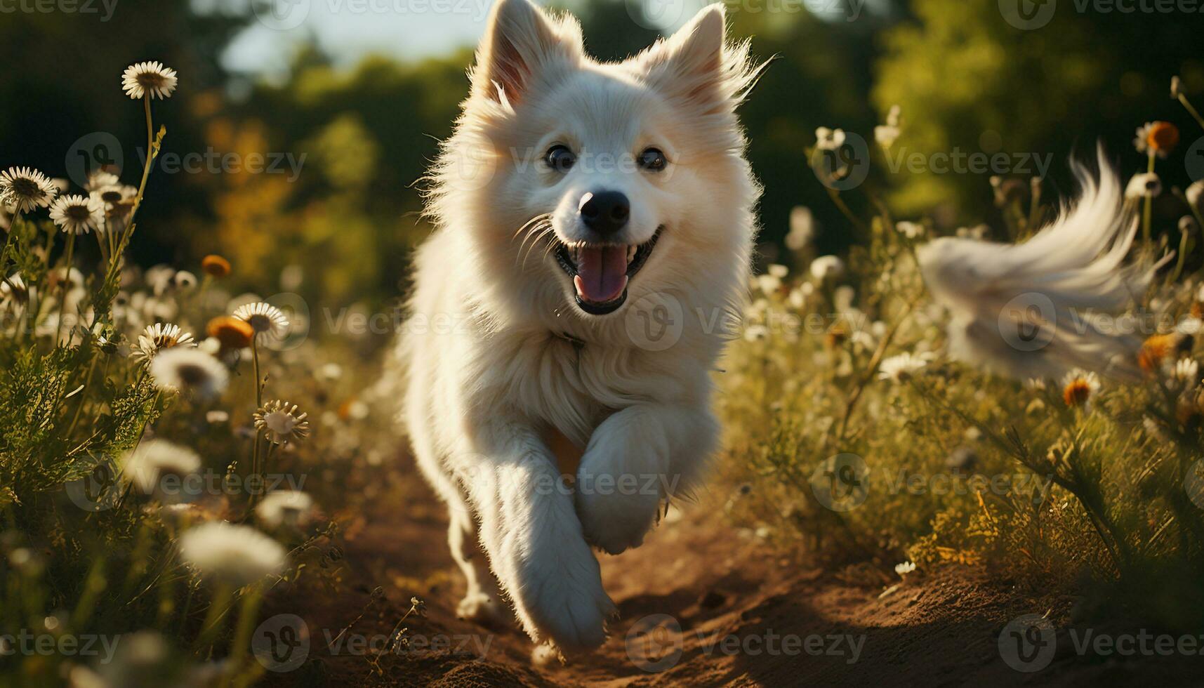 AI generated Cute puppy running in the meadow, enjoying the summer sun generated by AI photo