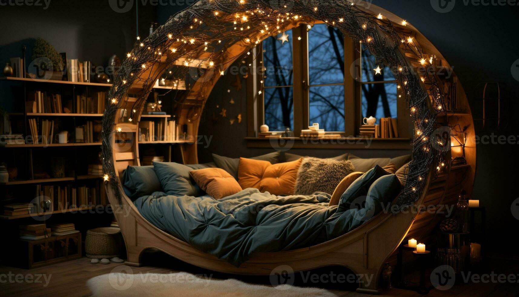 AI generated Cozy winter night, illuminated by old fashioned lamp, book on bed generated by AI photo