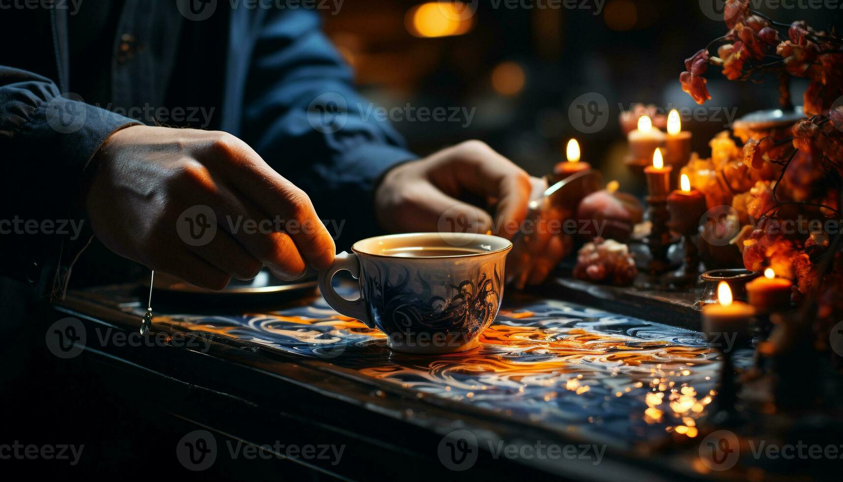 AI generated A person holding a coffee cup by a candle flame generated by AI photo