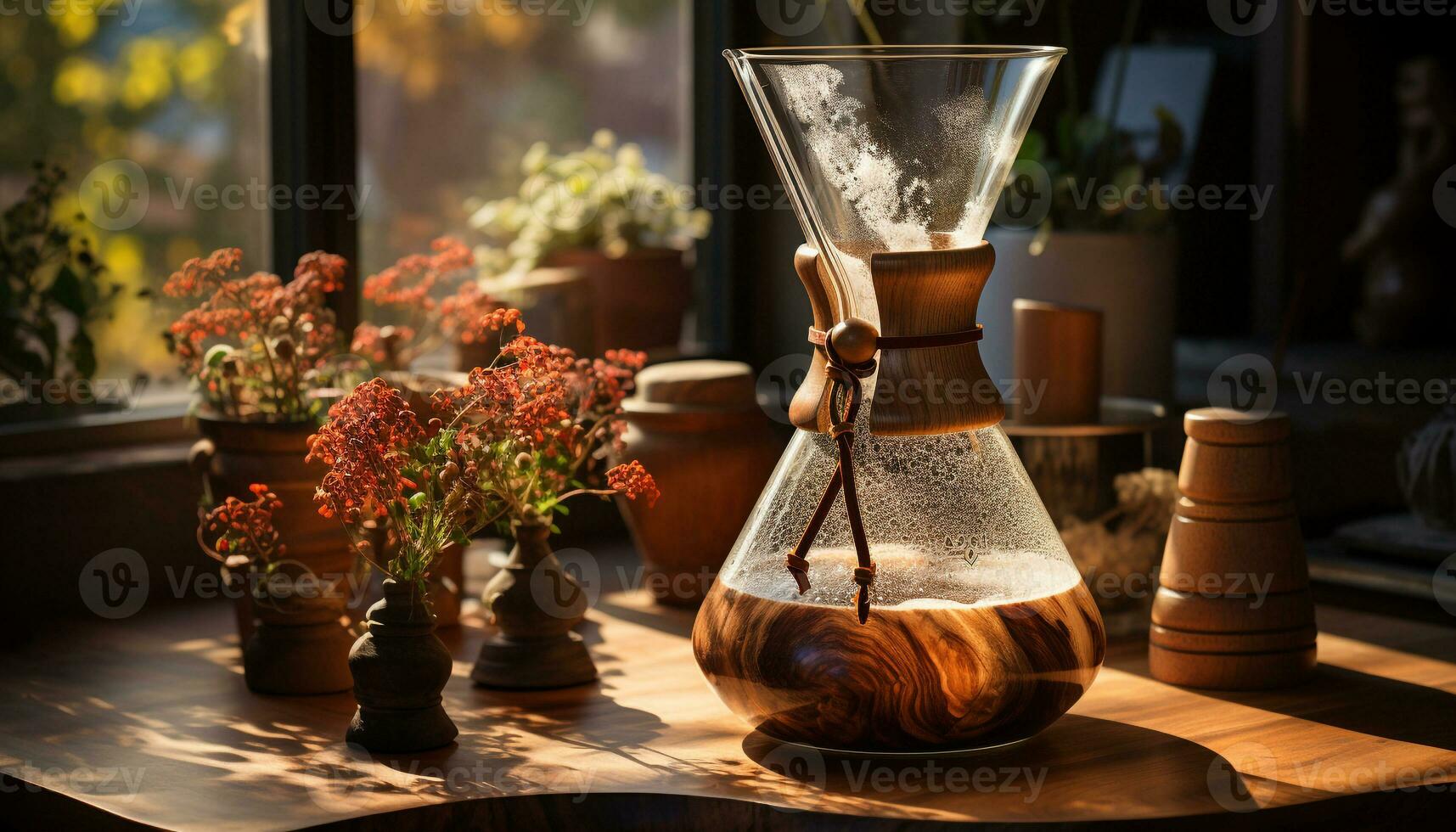 AI generated Wooden table with coffee cup, vase, and fresh flowers generated by AI photo