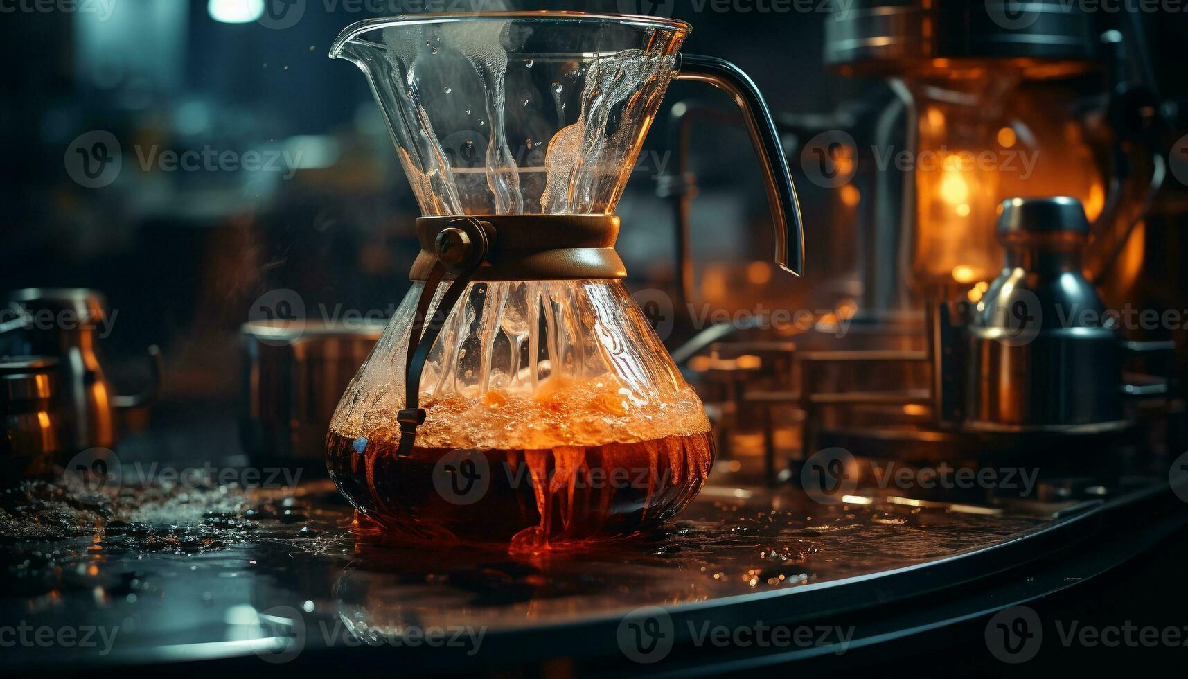 AI generated Barista pouring hot coffee into a glass cup on wooden table generated by AI photo