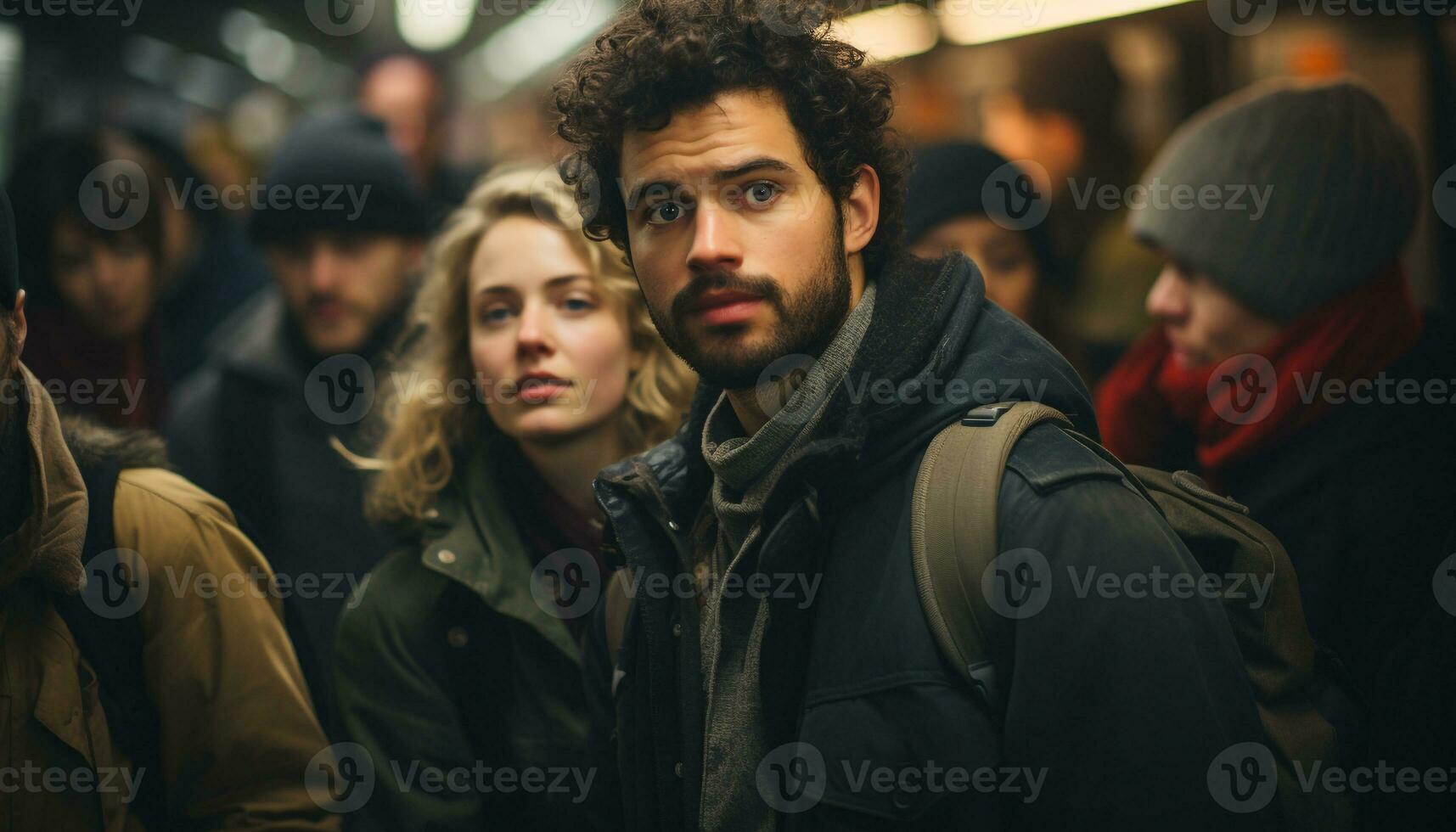 AI generated A group of smiling young adults walking in the winter generated by AI photo
