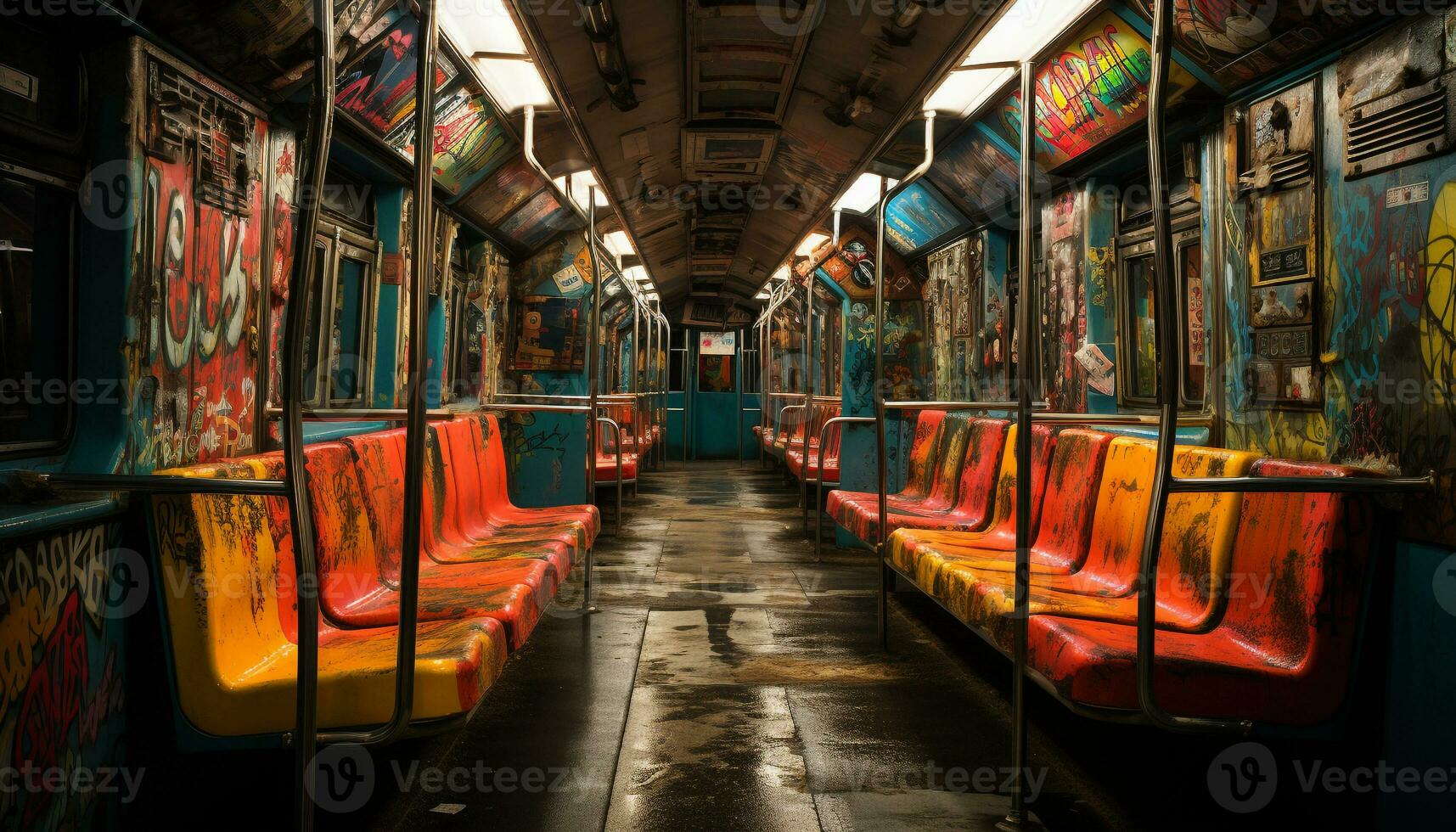 AI generated Inside an old abandoned subway station, a modern illuminated bench generated by AI photo