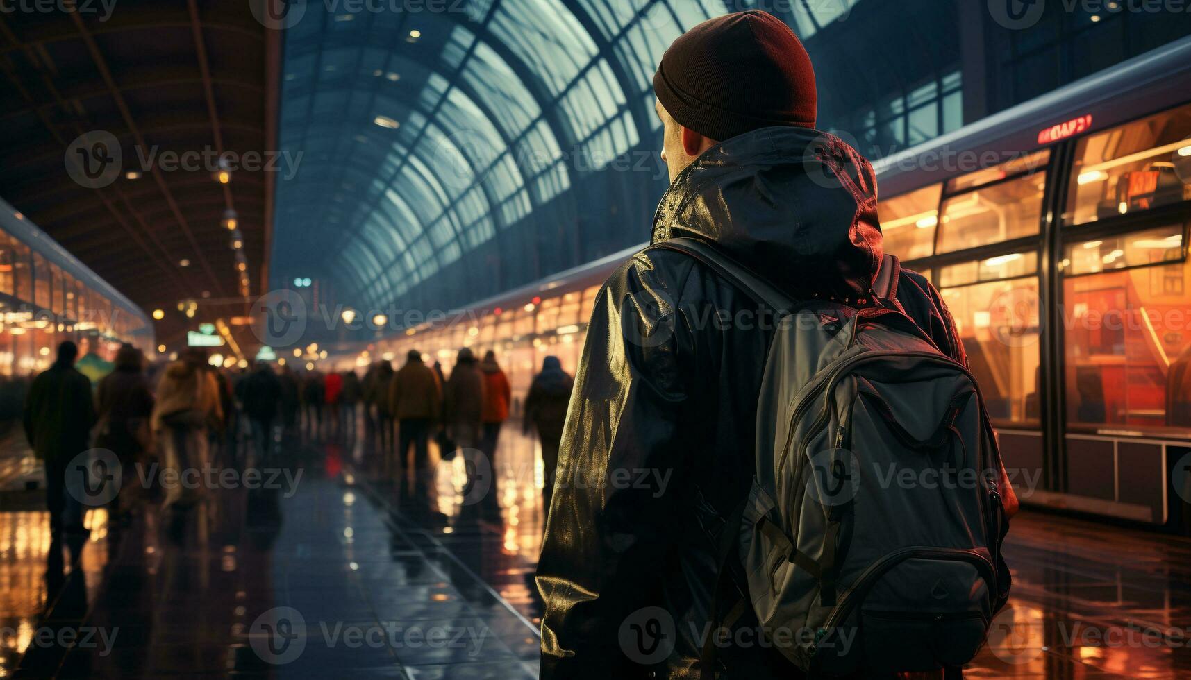 AI generated Unrecognizable person walking in the city, illuminated by street lights generated by AI photo
