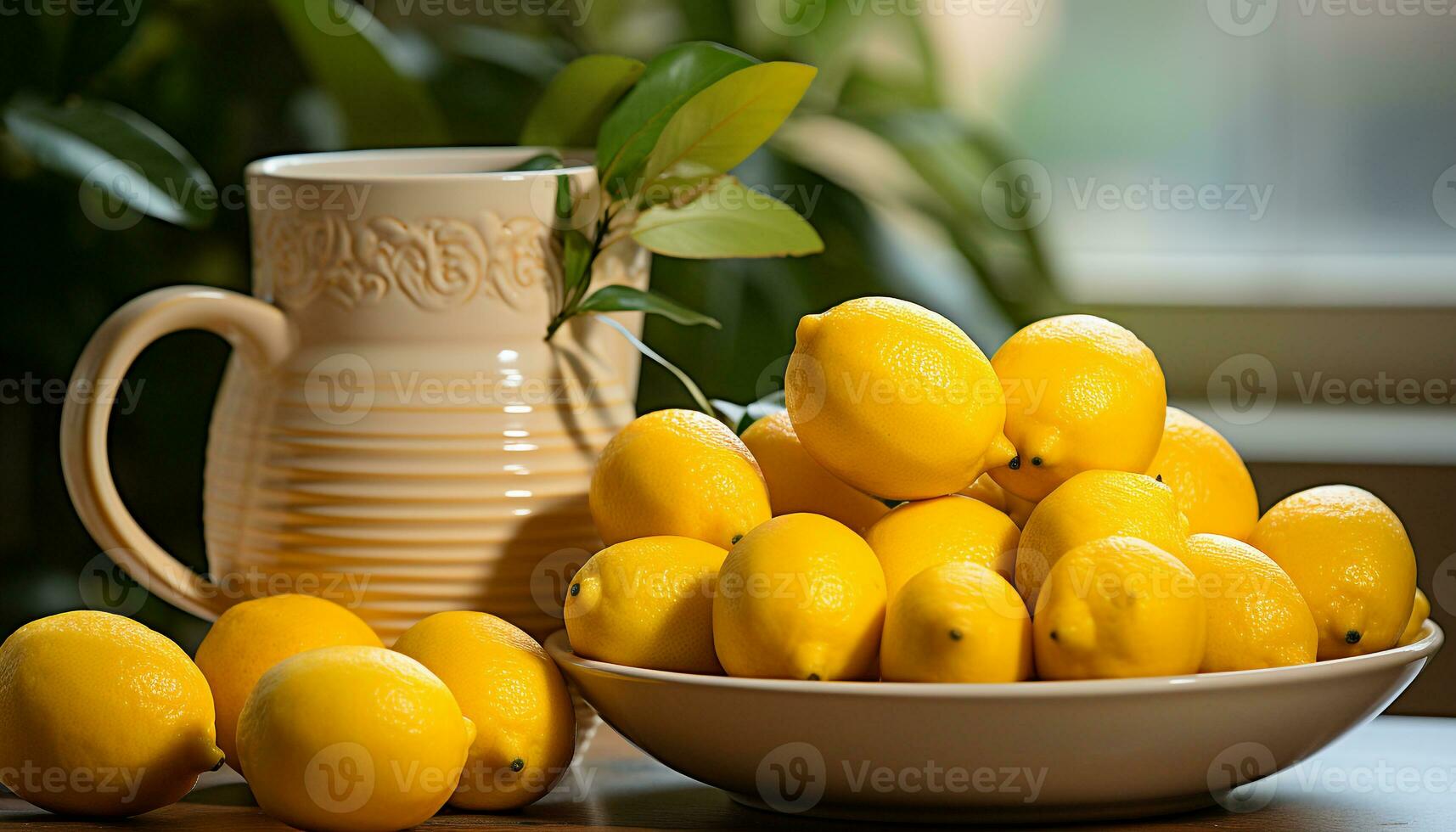 AI generated Fresh lemonade on wooden table, a refreshing summer drink generated by AI photo