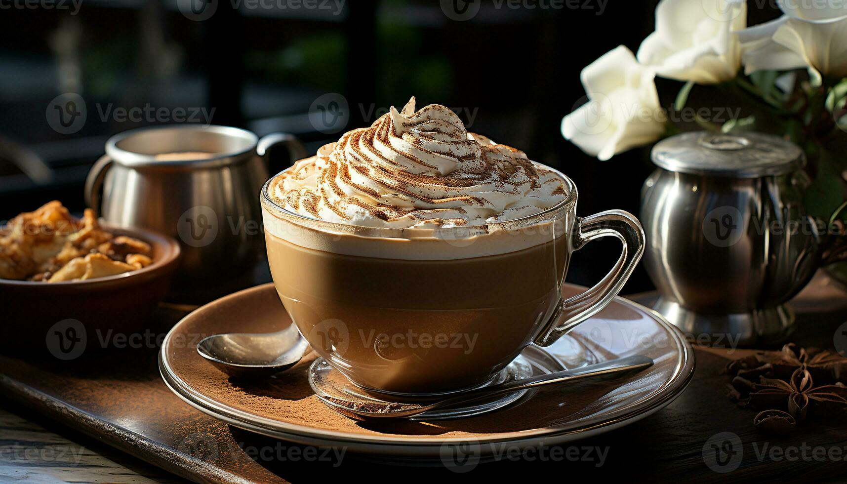 AI generated Freshly brewed coffee on a wooden table, a perfect start generated by AI photo